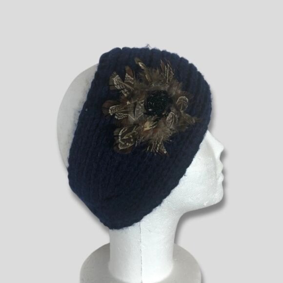 Vintage Y2K Knit Winter Headband Feather Bead Flower Accent Deep Blue One Size - Picture 3 of 11